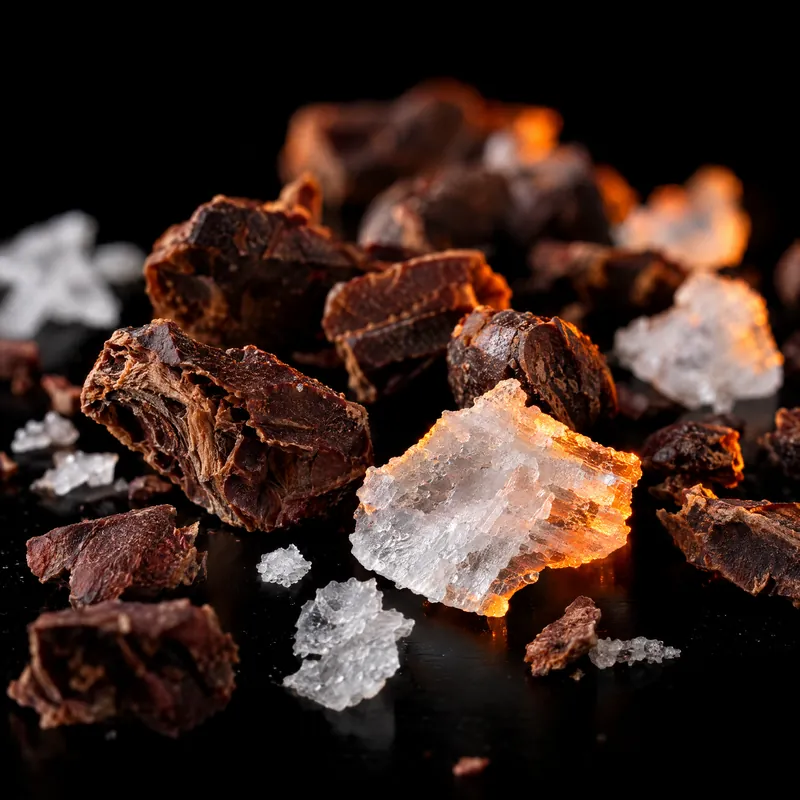 Roasted cacao nibs and flaky sea salt on black