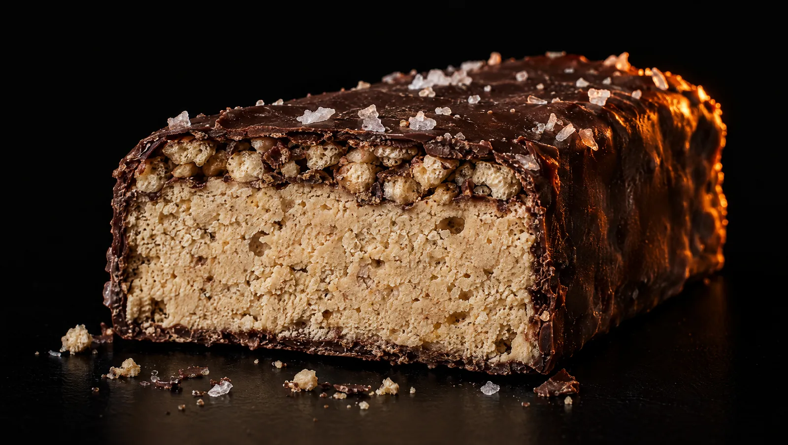 Cross-section of a Leucent bar showing the protein nougat core, a crisp layer and a dark cacao coating with sea salt