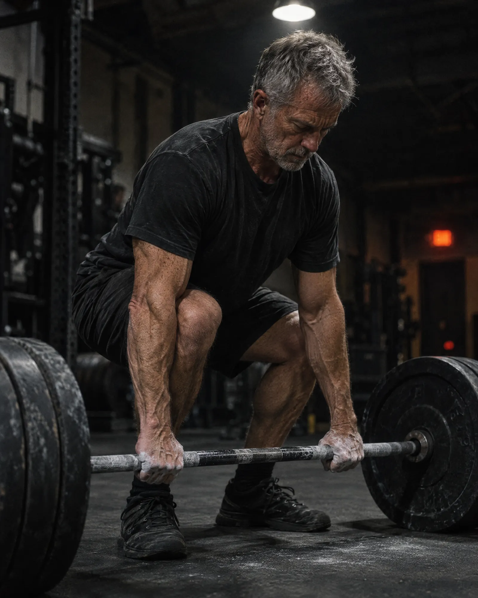 A man in his sixties gripping a chalked barbell before a deadlift in a dim gym