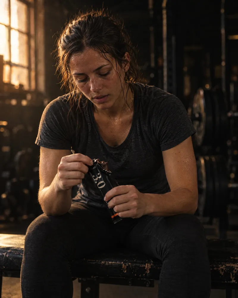 A woman on a gym bench opening a Leucent 3.0 bar after training