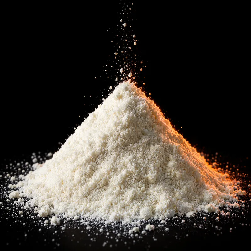 A heap of fine ivory whey protein isolate powder lit with an orange rim light